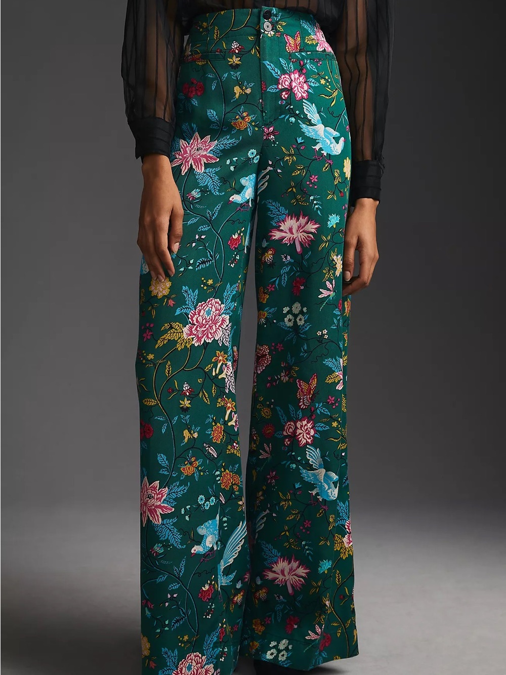 Anthropologie High-Rise Wide-Leg Floral Print trousers - Teal size 8 boho chic